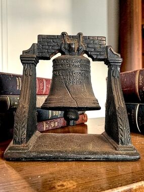 Vintage Cast Iron Liberty Bell Bookend Patriotic Desk Shelf Decor Age Worn Rusty